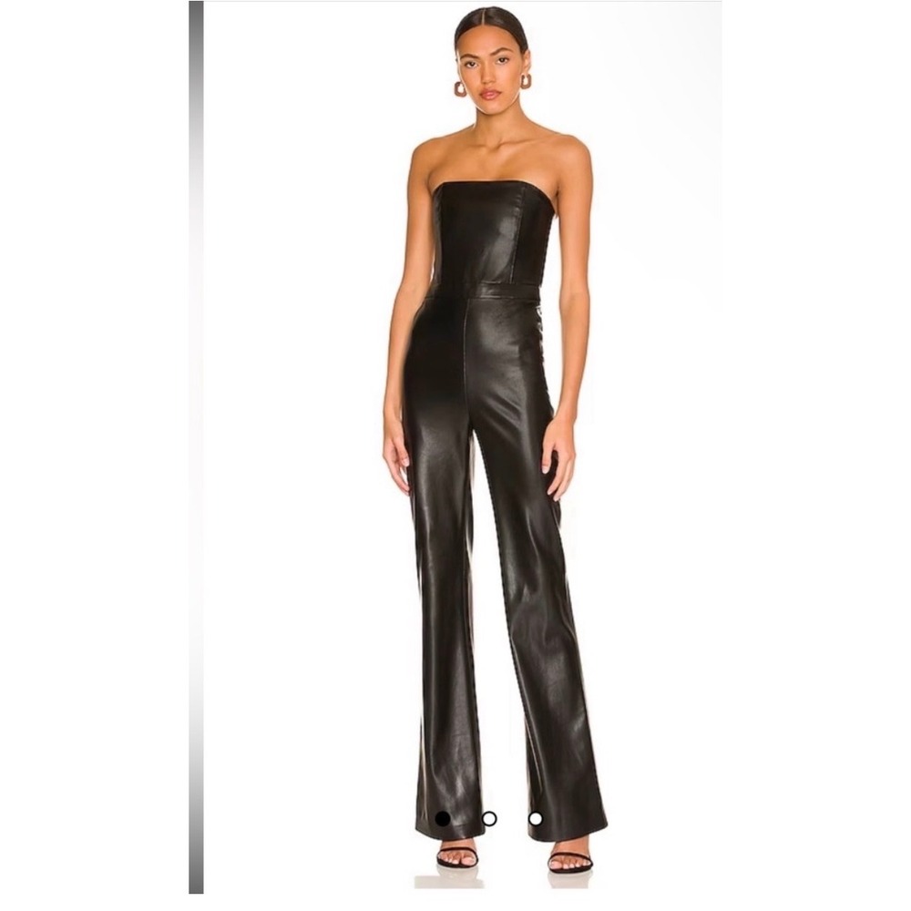Alice + Olivia Black Faux Leather Strapless‎ Flared Jumpsuit Size 0 Edgy Biker